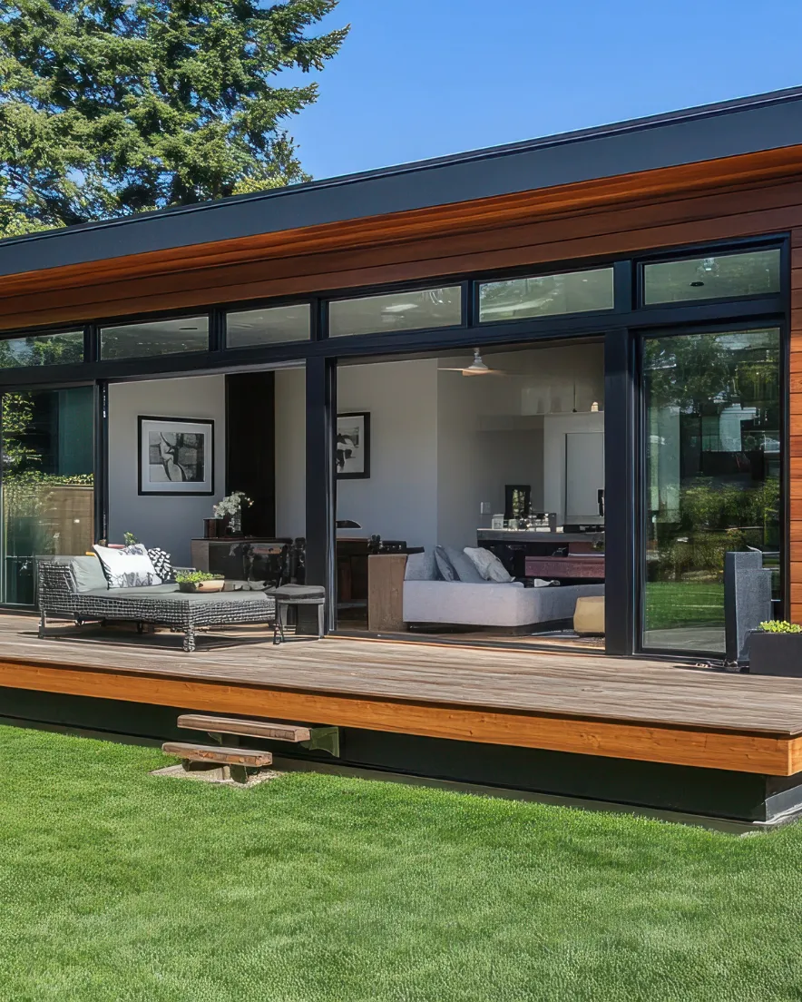 Backyard guest house builders project in Los Angeles CA featuring a modern ADU with large glass walls, wood deck, and open indoor outdoor living space