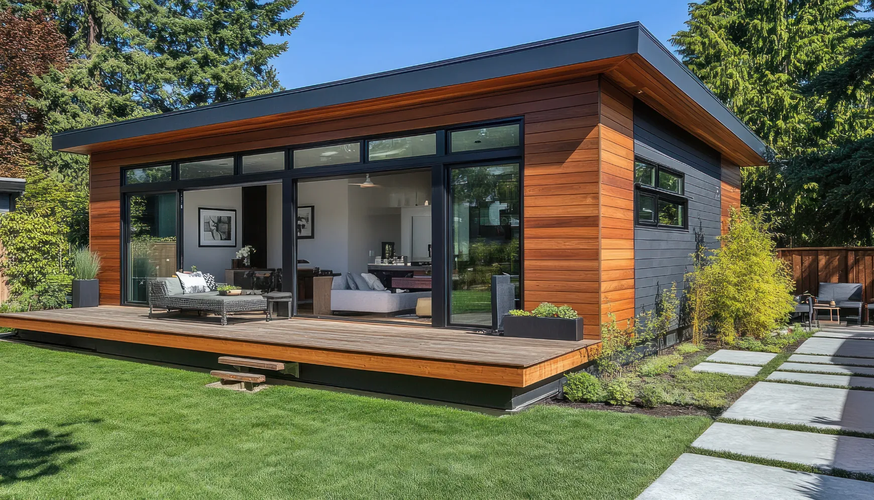 Modern backyard guest house ADU in Los Angeles with wood siding large glass doors and outdoor deck