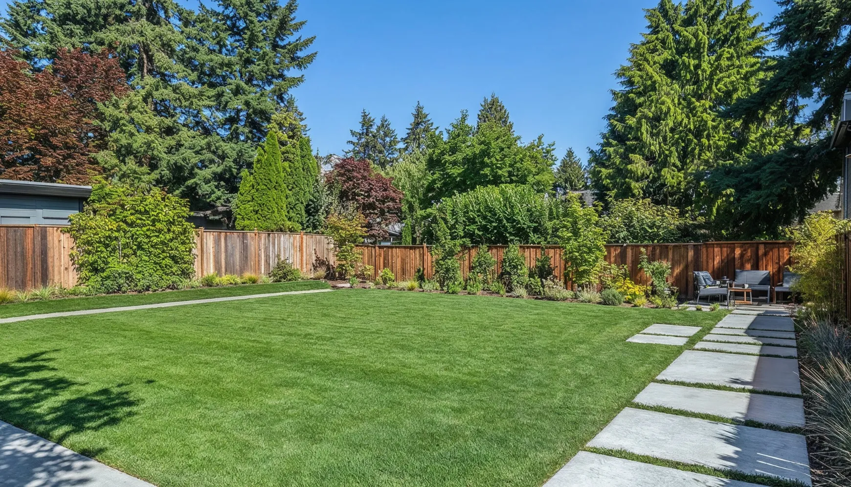 Residential backyard before ADU guest house construction with lawn and fencing