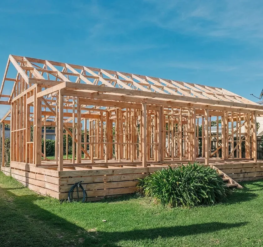 Backyard ADU construction in Los Angeles CA with full wood framing structure in progress