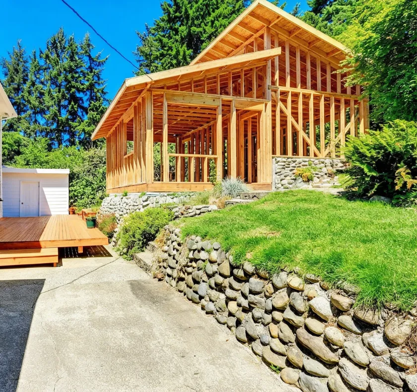 Accessory dwelling unit construction on hillside property in Los Angeles CA with wood framing structure