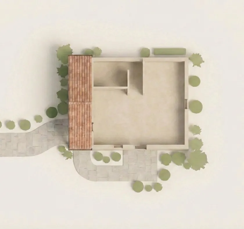 ADU floor plan Los Angeles CA top view layout with room divisions pathways and landscaping elements