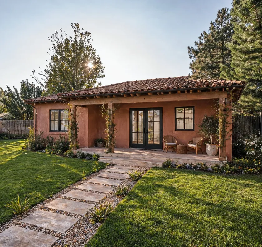Custom ADU design build in Los Angeles CA featuring Spanish style stucco unit with tile roof and covered porch